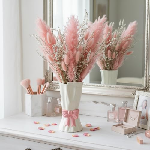 Pink Bow Vase, Hot Pink Flower Vase for Home Decor, Ceramic Vases for Boho Style, Small Cute Vases for Ideal Shelf Decor/Table/Living Room. (Pink 7, Large) - color: Pink 7