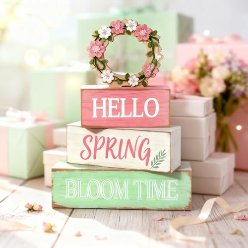 Spring Decoration Wooden Tiered Tray Decor – Rustic Hello Spring Bloom Time Stacked Block Sign with Floral Wreath Topper – Farmhouse Tabletop Spring Decor for Living Room Shelf Kitchen Coffee Bar Entryway Seasonal Home Display - style: Wreath