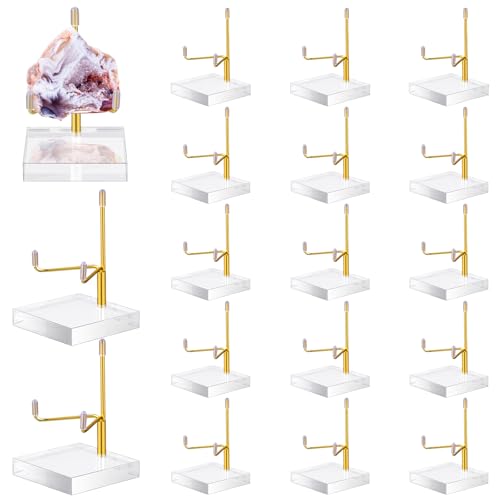 RattanView 16 Pcs Adjustable Metal Arm Display Stand Crystal Holder Easel Display with Acrylic Base Easel Rock Mineral Stand for Geodes Mineral Agate Collection(Gold) - color: Gold