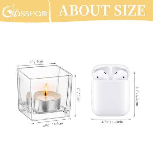 Glasseam Glass Votive Candle Holders: Set of 12 Clear Square Tealight Holder Small Tea Light Holders for Table Centerpiece Wedding Decor