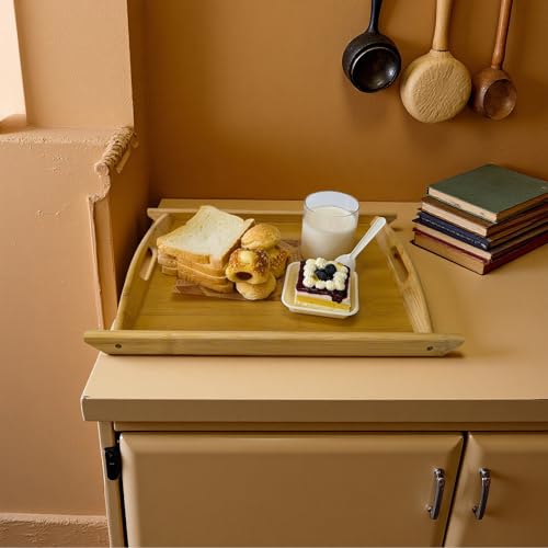 Bamboo Serving Tray Rectangle Platter Breakfast Dinner Food Bed Tray for Eating Kitchen Restaurants (1, 17.3" x 11.8" x 1.2" (with Handle)) - size: 17.3" x 11.8" x 1.2"