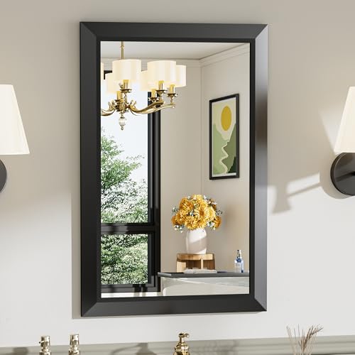 Briivue 20x30 Inch Black Bathroom Mirror for Wall, Thick Metal Framed Rectangle Mirrors for Over Sink, Bedroom, Living Room, Entryway, Anti-Rust, HD Tempered Glass - color: Black, size: 20"L x 30"W