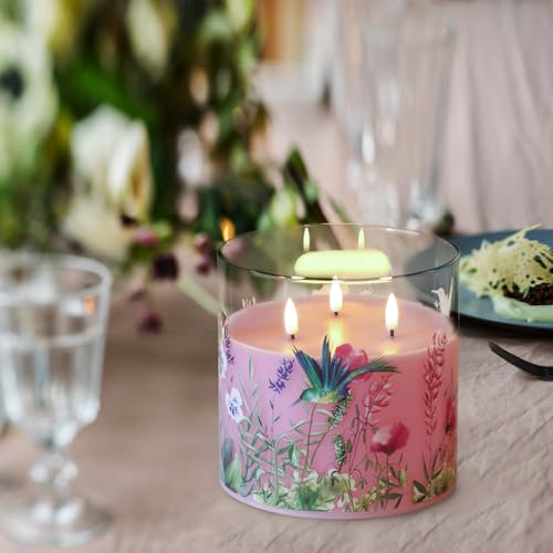 Eywamage 3 Wick Flameless Candle with Remote, Pink Hummingbird Floral Glass LED Candle, Large Battery Pillar Candle Φ 6" H 6" - color: Pink Hummingbird