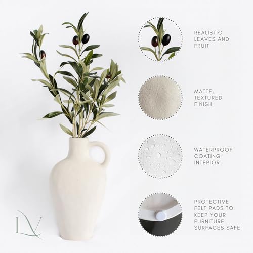 Luxurious Gift Set Textured Ceramic Vase 10 Inch with Olive Branches 22 Inch Tall White Medium Vase Artificial Topiaries Fake Plants, Minimalist Shelf Decor, Neutral Home Office High End Gifting Decor - color: White