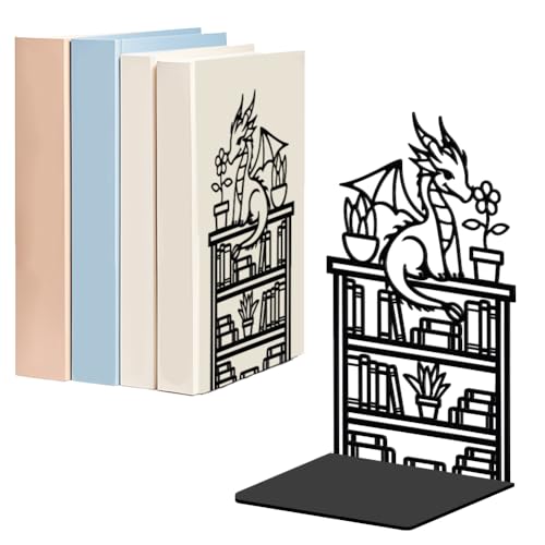 WADORN Dragon Reading Book Metal Bookends for Shelves Decorative 1 Pair, Heavy Duty Books End Support Non-Skid Book Holder Black L-Shaped Book Stopper for Home Office Desk Book Divider, 4.7x3.5x7 Inch - color: Dragon Bookshelf