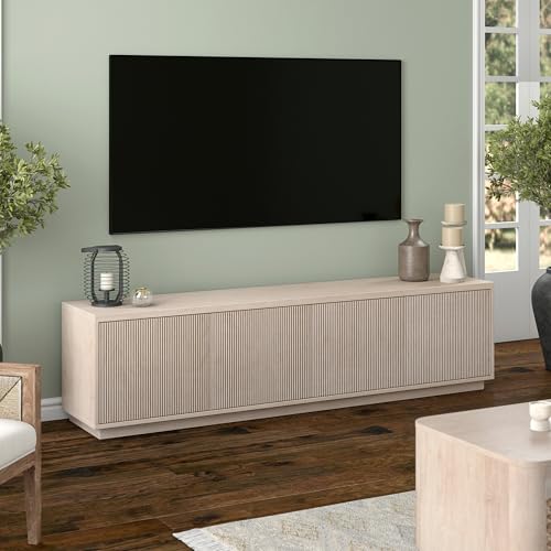 Henn&Hart Fluted TV Stand for TVs up to 85" with 2 Concealed Ribbed Storage Cabinets and Adjustable Shelves for Living Room, Family Room, or Office, Beech White - color: Beech White, size: 79" TV Stand