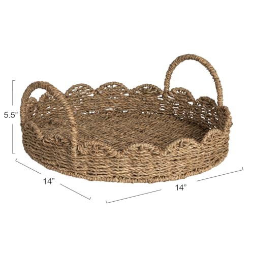 Household Essentials Round Handwoven Seagrass Tray with Scalloped Edge and Handles, Natural - color: Natural Seagrass, size: 14"