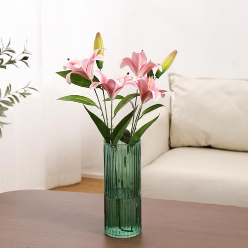 Green Glass Vase, Glass Flower Vase, Ribbed Glass Vase, Green Vase, Tall Cylinder Glass Vases for Centerpieces, Living Room, Bedroom, Dining Table, Office, Wedding, Bookshelf, 10 Inches - color: Green, size: 10''