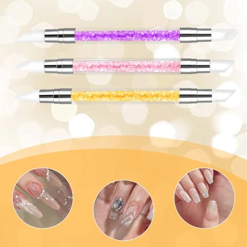 3 Pcs Nail Art Sculpture Pen, Dual Tipped Silicone Nail Tools, Silicone Head Acrylic Handle Nail Art Brushes, Rhinestone Nail Polish Carving Pen, Nail Art Tools for Home Salon(Yellow, Pink, Purple) - color: Yellow, Pink, Purple