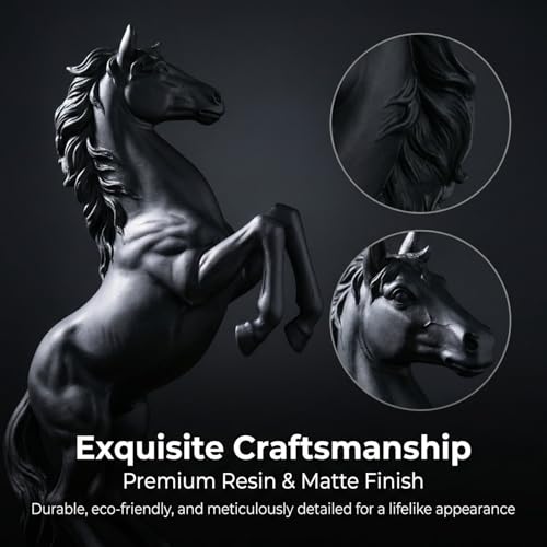 Feng Shui Black Horse Statue for Home Decor - 12.2" Matte Black Resin Rearing Stallion Sculpture - Modern Industrial Figurine for Executive Desk, Bookshelf & Gift for Men (Symbol of Power) - color: Black