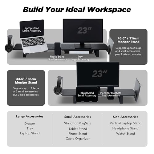 ULTRARM Moodular Wooden Monitor Stand 45.6” (116cm) Large Desk Organizer with Metal Slide Rails for Drawer, Tray, Laptop, Tablet, Phone & Headphones Customizable Riser for Organized Workspace Black