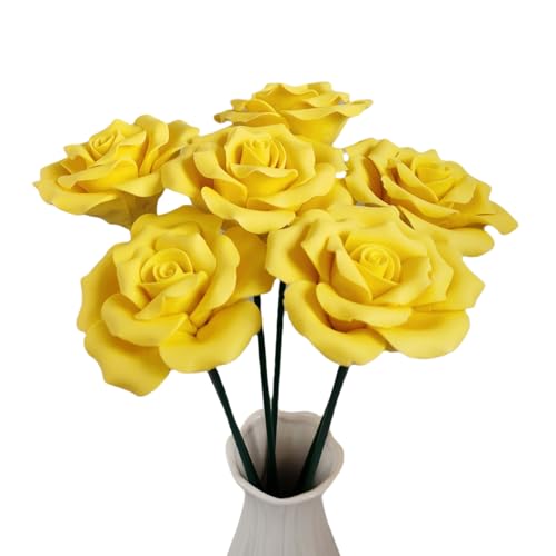 Handmade Porcelain 3D Ceramic Rose Flower, Eternal Flower Decoration for Home Office Decor, Creative Desktop vases, Porcelain Decorations, Exquisite, Set of 6 (Yellow) - color: Yellow