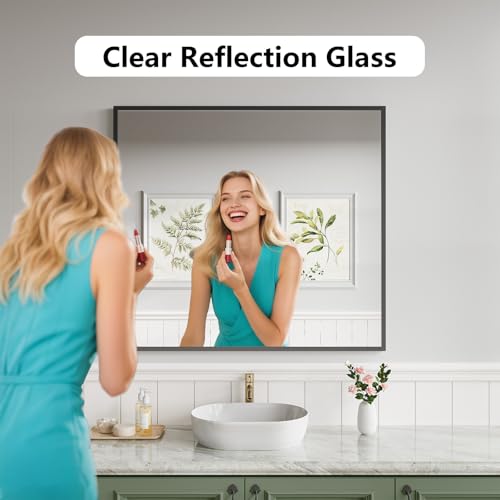 Bathroom Mirror 36x40 Black Bathroom Wall-Mounted Mirrors, Modern Vanity Mirror for Bedroom, Living Room, Aluminum Alloy Frame Allow to Hang Horizontally or Vertically - color: Square Edged, size: 40"L x 36"W