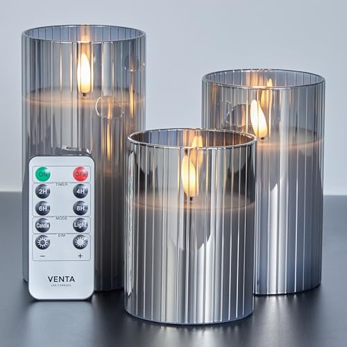 VENTA Flickering Flameless Candles With Remote Control - Led Candles Battery Operated - Battery Operated Candle For Decoration Table, Timer & Dimmer Features, Set - 3Pcs (4",5",6") (Grey Ribbed Glass) - color: Glass Grey Ribbed