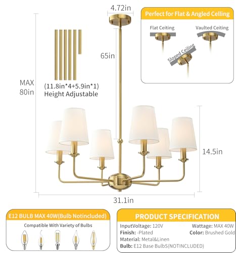 6-Light Brushed Gold Pendant Chandelier with Fabric Shades, E12 Base - Farmhouse & Industrial Style for Kitchen, Living Room, Dining Room, or Bedroom Lighting - color: 6 Light+Brushed Gold
