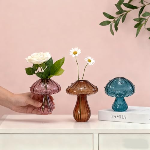 Glass Mushroom Propagation Planter - Set of 3 Cute Plant Propagation Stations for Indoor Plants, Unique Small Hydroponic Vase Jars Mini Terrariums for Window Living Room Bathroom Shelf Decor