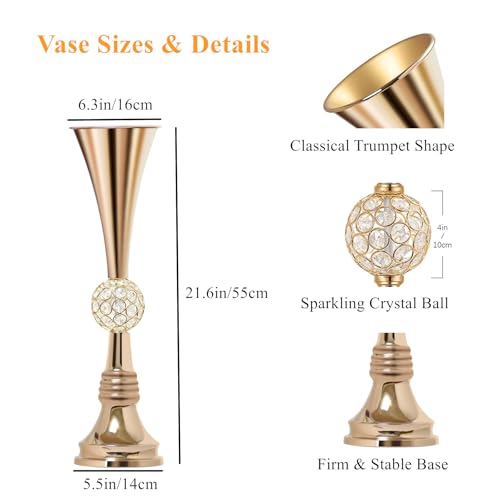 Crystal Gold Flower Vases for Centerpieces: Metal Trumpet Vases for Table, Elegant Flower Stands with Crystal Ball - Floral Decorations for Events Christmas Wedding Home Decor (Gold, 21.6in-2pcs) - size: 21.6in-2pcs