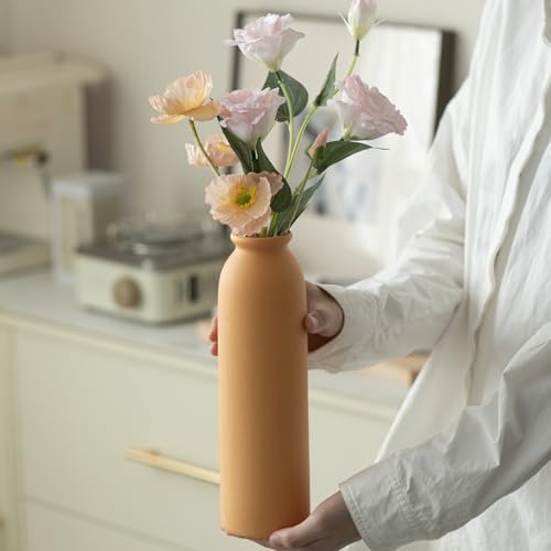 10.4 inches Tall Decorative Ceramic Vase Set, 3 Pieces, 10 inches Nordic Modern Style, White, Farmhouse Home Boho Shelf Decor(Orange) - color: Orange