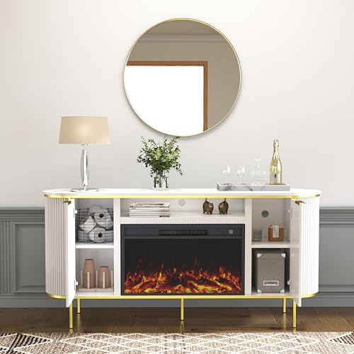 White Fireplace TV Stand: 70" Modern Luxury Fluted Electric Fireplace Heater Entertainment Center Fits TVs Up to 80 Inch, Faux Marble Top TV Console with Fireplace (White, 70 Inch Fireplace TV Stand)