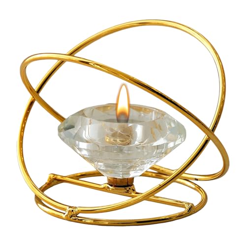 Modern Geometric Candle Holder – Metal & Crystal Design for Taper and Tealight Candles – Tabletop Home Decor (Candle Not Included) (Gold) - color: Gold