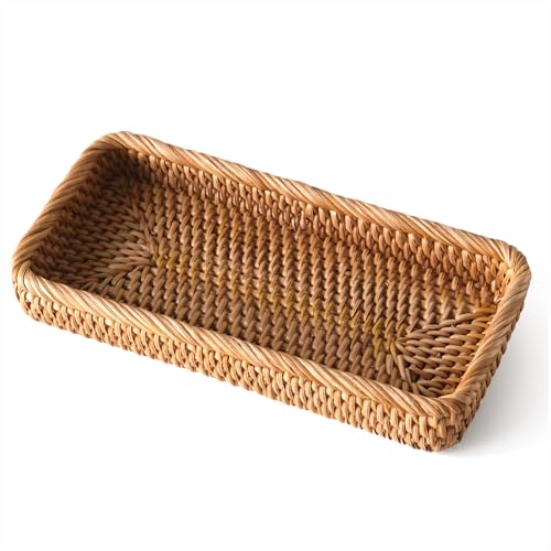 Small Rattan Serving Tray, Natural Wicker Decorative Tray for Trinket Ring Cosmetic, Rectangular Keys Basket Jewelry Perfume Trays for Coffee Table Entryway Living Room(10" × 5.1") - style: S (10" × 5.1")