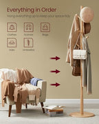 VASAGLE Solid Wood Coat Rack, Free Standing Hall Coat Tree with 7 Hooks, 3 Height Options, for Coats, Hats, Bags, Purses, for Entryway, Hallway, Rubberwood Hooks and Pole, Natural Beige URCR007N01 - color: Natural Beige, style: Round Base + Spherical Hook