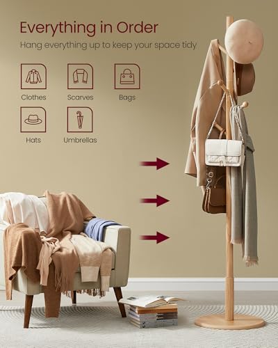 VASAGLE Solid Wood Coat Rack, Free Standing Hall Coat Tree with 7 Hooks, 3 Height Options, for Coats, Hats, Bags, Purses, for Entryway, Hallway, Rubberwood Hooks and Pole, Natural Beige URCR007N01 - color: Natural Beige, style: Round Base + Spherical Hook