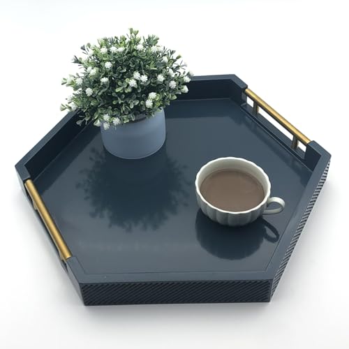 Serving Tray with Polished Metal Handles, Hexagon Coffee Table Tray, Modern Rectangle Decorative Tray, Large Ottoman Tray, Perfect for Storage and Display (Blue Hexagon) - color: Blue Hexagon