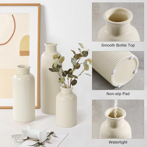 Small Beige Ceramic Vase Set of 3, Boho Modern Beige Flower Vase Room Decor, Farmhouse Decor, Vases for Your Kitchen, Bathroom, Bedroom, Living Room, Office&Shelf Centerpiece Table Decorations - color: Beige