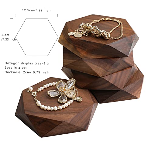 GemeShou 5pcs Wood Jewelry Tray Hexagon Display Riser Stand Set, Retail Jewelry Shop Display Riser【Walnut Hexagon 5pcs Large】 - size: Big