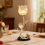 Luxury Crystal Base Glass Flower Candle Holder – Gold Plated Zinc Alloy with Enamel, Romantic Tea Light Holder, French Style Wedding Table Centerpiece, Home Decor