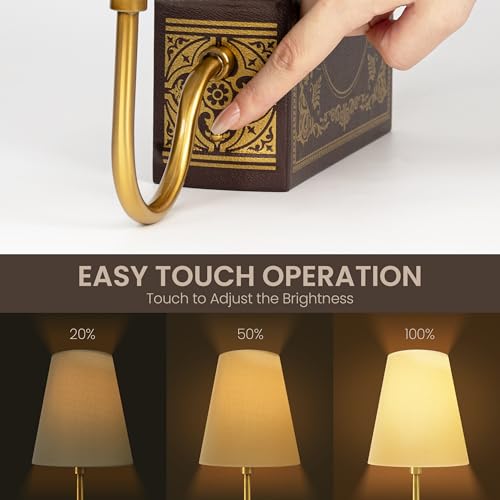 AELS Vintage Bookshelf Lamp with Bulb, Cordless Touch Dimmable Table Lamp with Linen Fabric Shade, Battery Operated, Modern Farmhouse, Book Sconce for Office Home Bedroom, Tree of Life Brown & Gold - color: Tree of Life Brown, size: Rechargeable Model