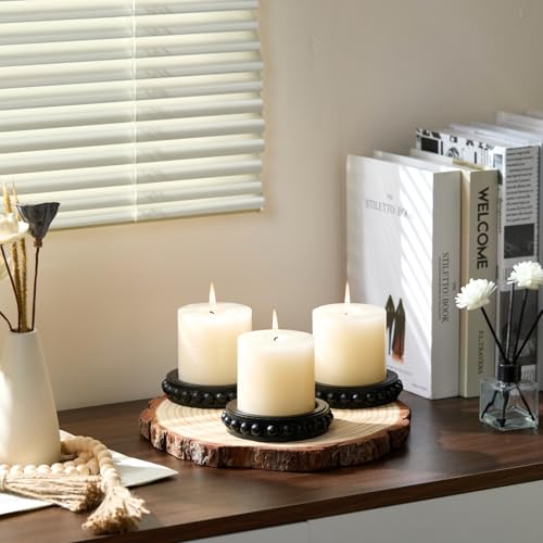Wooden Candle Holders for Pillar Candles, Set of 3 Wood Beaded Plate with Metal Cup Inserts, 4 Inch Rustic Farmhouse Tray Stand for Fireplace Mantel, Table Centerpiece Decor - Black - color: Black