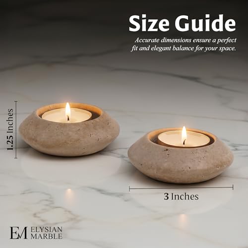 Tealight Candle Holders Set of 2 – Handcrafted Natural Marble Tea Light & Votive Holders, Decorative Stone Candle Holder Pair for Home Décor, Dining Table, Coffee Table & Wedding Decor - color: Travertine, size: 3" Inches