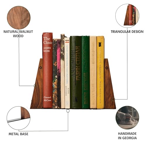 TILISMA Walnut Bookends for Shelves | Wooden Book Ends for Shelves | Sturdy Book Holders, Stoppers with Metal Base for Bookshelves | Slick Decorative Bookends Stands Firmly on Bookshelf (Pair)