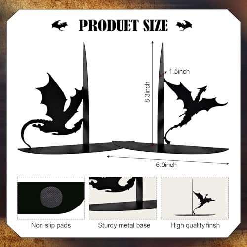Metal Dragon Bookends Stoppers Holder Stand for Desk Shelf Cool Dragon Book Ends Decorative, Fantasy Dragon Bookends for Bookshelf Decor - color: Black