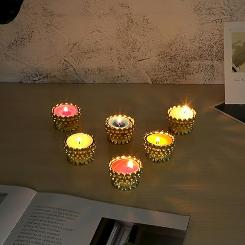 OwnMy 6 PCS Metal Lotus Ghee Oil Lamp Holder Gold Lotus Tea Light Candle Holders Set, Altar Diya Butter Lamp Holders Candle Centerpieces for Diwali Puja Pooja Decoration