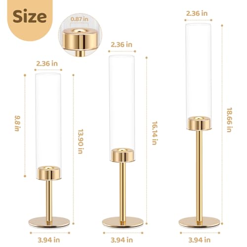 Gold Hurricane Candle Holders Set of 3, Tall Metal & Windproof Glass Taper Candle Holders, Brass Candlesticks Holder Decorations, Table Centerpieces for Weddings, Christmas, Parties, Fireplace Decor - color: Gold
