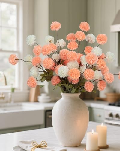 DuHouse 6pcs Artificial Flowers Faux Silk Pompon Mum,Silk Small Mini Chrysanthemum Ball with Stems for DIY Wedding Bouquets Centerpieces Vase Home Table Kitchen Decorations(Peach Fuzz) - color: Peach Fuzz, size: 6pcs