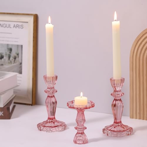 Pink Candlestick Holders Set of 6, Taper Candle Holders, 4.3" H & 6.3" H Glass Candle Holder for Candlesticks & Pillar Candles, Candle Holder for Table Centerpieces, Wedding and Mother's Day - color: Pink