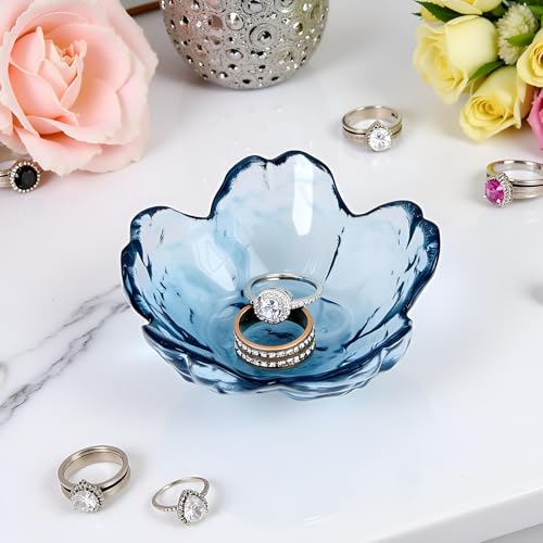Crystal Blue Flower Ring Dish Jewelry Tray, Decorative Glass Trinket Dish, Modern Accent Tray for Vanity - color: Crystal Blue