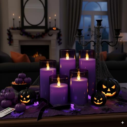 Homemory Purple Flickering Flameless Candles, Battery Operated Acrylic LED Pillar Candles with Remote Control and Timer, Purple Decor, Set of 5 - color: Purple