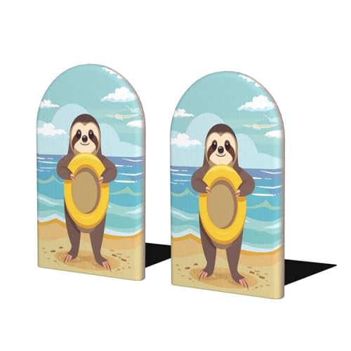 Cute Sloth Beach L-Shaped Book Ends 1 Pair Wood Bookends Book End Supports for Heavy Book Shelf Holder Home Decorative - color: Cute Sloth Beach