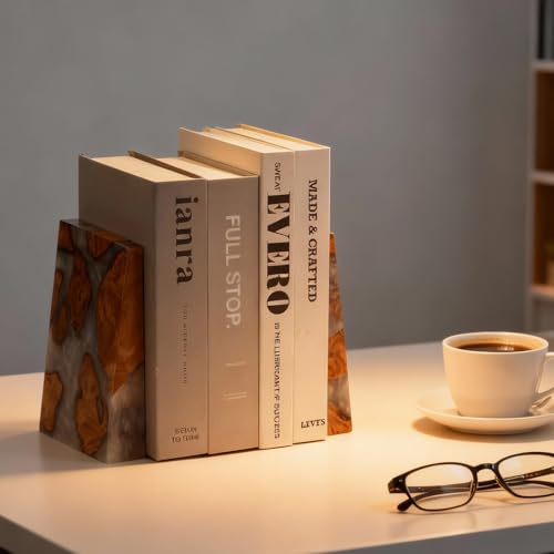 Resin Bookends Large Heavy Duty Bookends for Shelves, Unique Burl Wood Figure Book Ends for Study Office, Fancy Modern Decorative Book Supports for Bookshelf Organization (Pearlescent White) - color: Pearlescent White