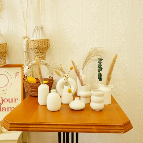 Small White Ceramic Vase Set of 10 Ceramic Bud Vases in Bulk Modern Farmhouse Boho VaseS for Pampas Grass, Flowers, Decorative Ceramic White Flower Vases for Home Decor, Entryway Table Decor