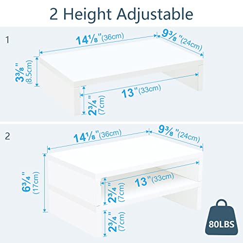 TEAMIX White Monitor Stand Riser - 2 Pack, Wood 2 Tier Adjustable Dual Monitor Riser for Laptop/PC Computer Stand for Desk - color: White