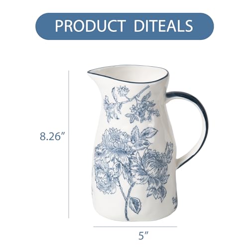Ceramic Pitcher Vase, Blue and White Jug for Home Decor, Chinoiserie Vase Decor, Decorative Pitcher with Handle