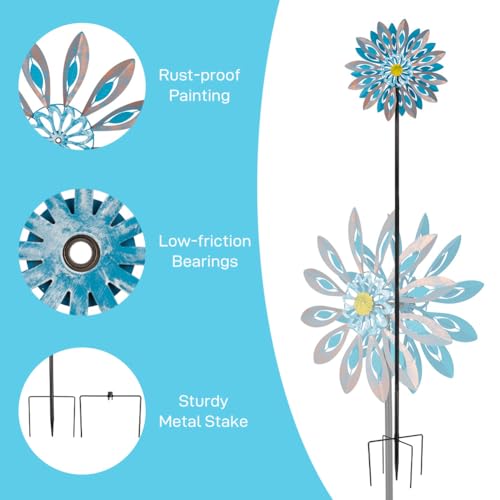 Viveta Wind Spinners,18 * 81" Large Outdoor Wind Spinner,Double-Side Wind Sculpture with 4 Sturdy Stake,Metal Windmill for Yard and Garden - color: H-blue
