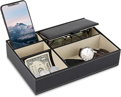 Baoyun Mens Valet Tray Organizer, Mens Jewelry Box, Nightstand Organizer for Men with 5 compartments, Faux Leather Key Tray for Entryway Table, Bedside Storage for Watch, Coin, Phone Gifts for Men - color: 1-Black