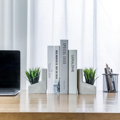 MyGift Decorative Bookends, Heavy Duty Book Ends with Artificial Green Grass Plants, Book Stands for Office Desktop, Bookshelf, Modern Gray Concrete L-Shaped - color: Artificial Grass